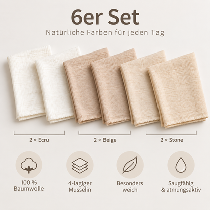 Musselin-Mundtücher - extra dicker 4 lagiger - 20x20cm - 6er Pack - zertifiziert – Bio Baumwolle
