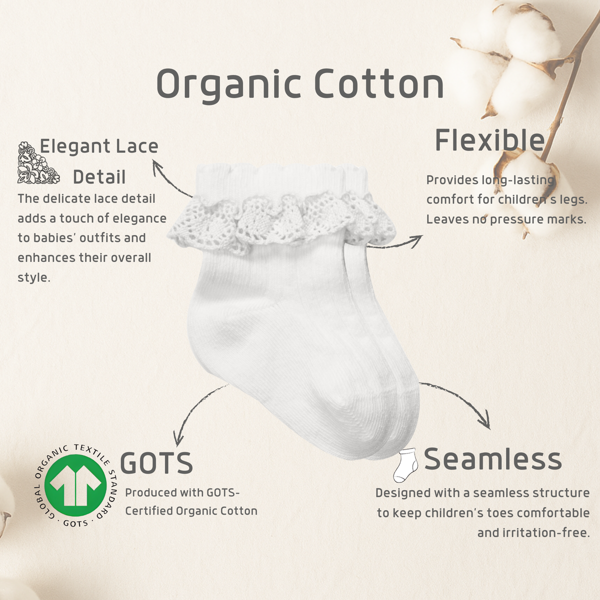 Baby Socken mit Spitze | Bio-Baumwolle | Nahtlose Zehen |4er Pack