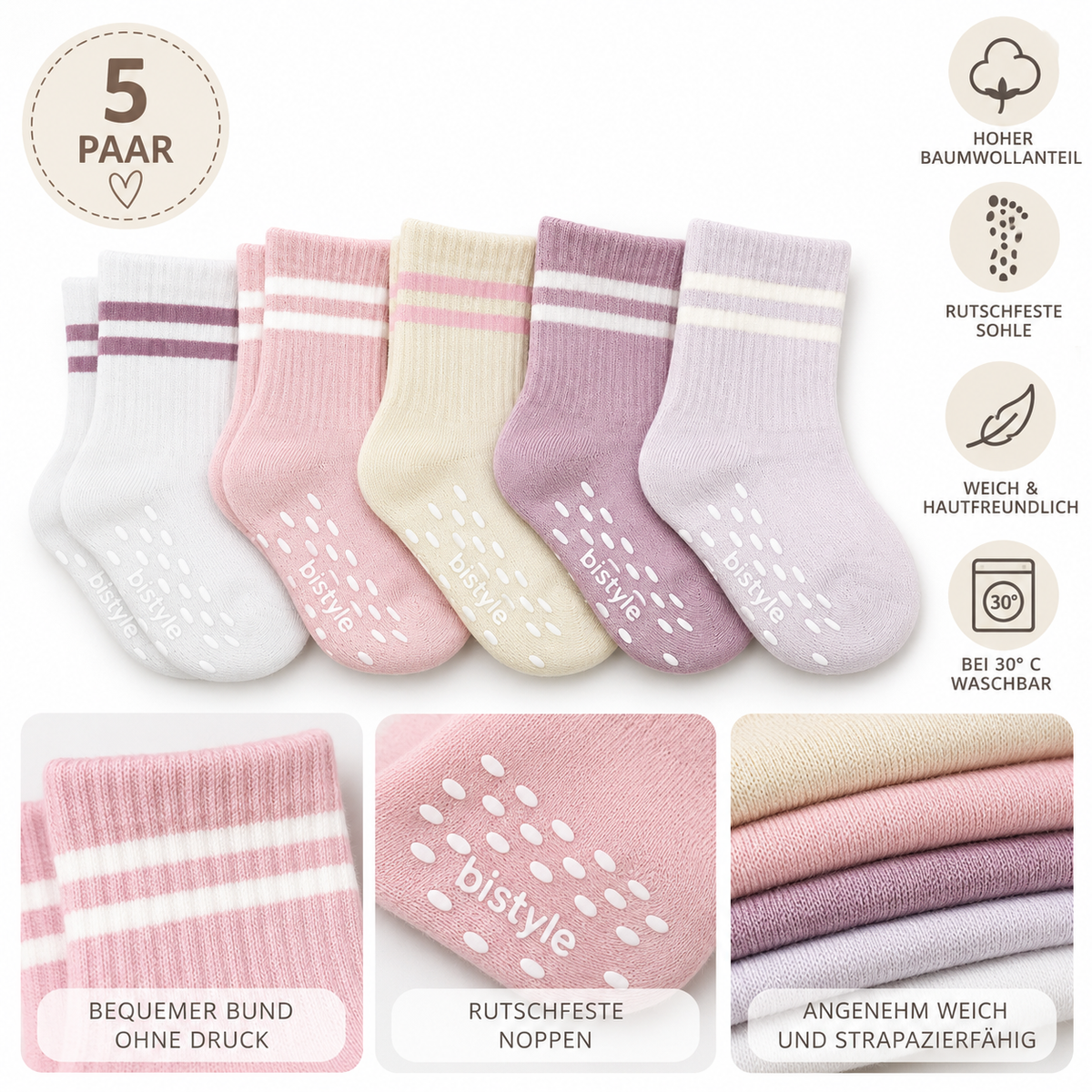 Baby-Socken 5er-Pack – Kurzsocken, GOTS-zertifiziert, hoher Baumwollanteil Rutschfeste Sohle