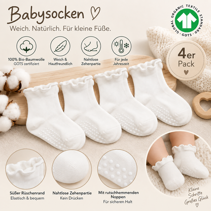 Baby Socken mit Rüschenbündchen | Bio-Baumwolle | Nahtlose Zehen |4er Pack