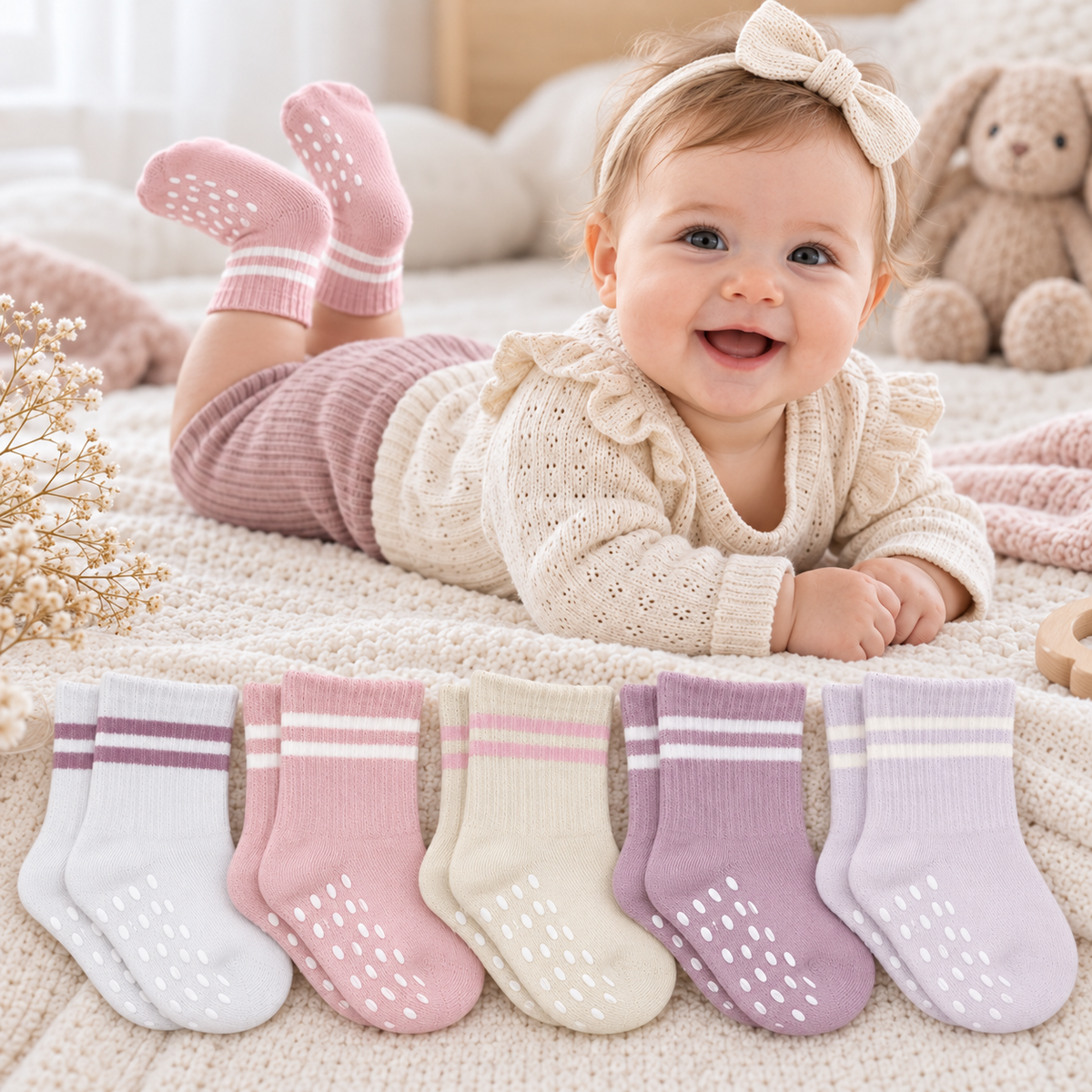 Baby-Socken 5er-Pack – Kurzsocken, GOTS-zertifiziert, hoher Baumwollanteil Rutschfeste Sohle