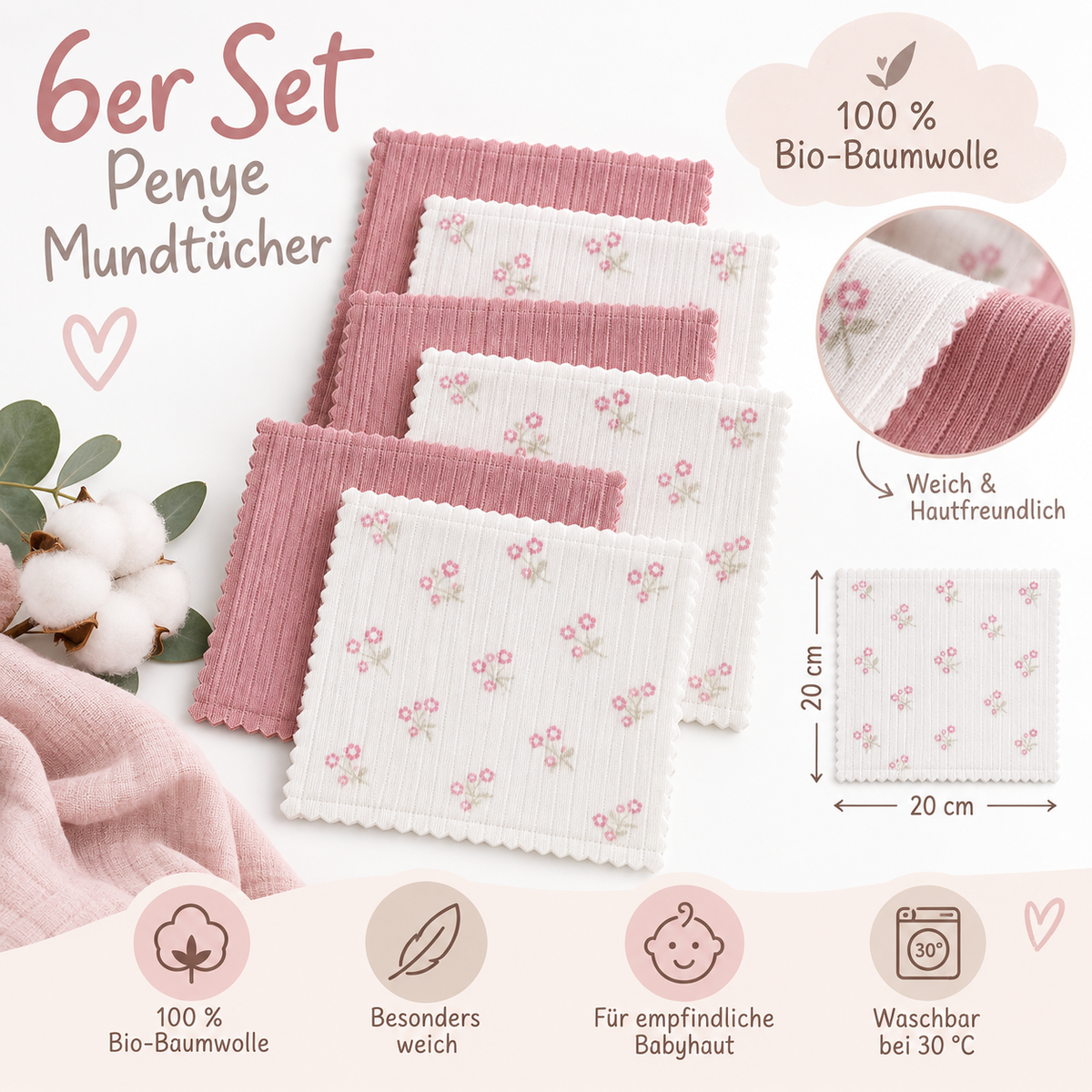Baby Spucktücher 6er Set | 20 x 20 cm | 100 % Bio-Baumwolle | mit kleinen Motiven