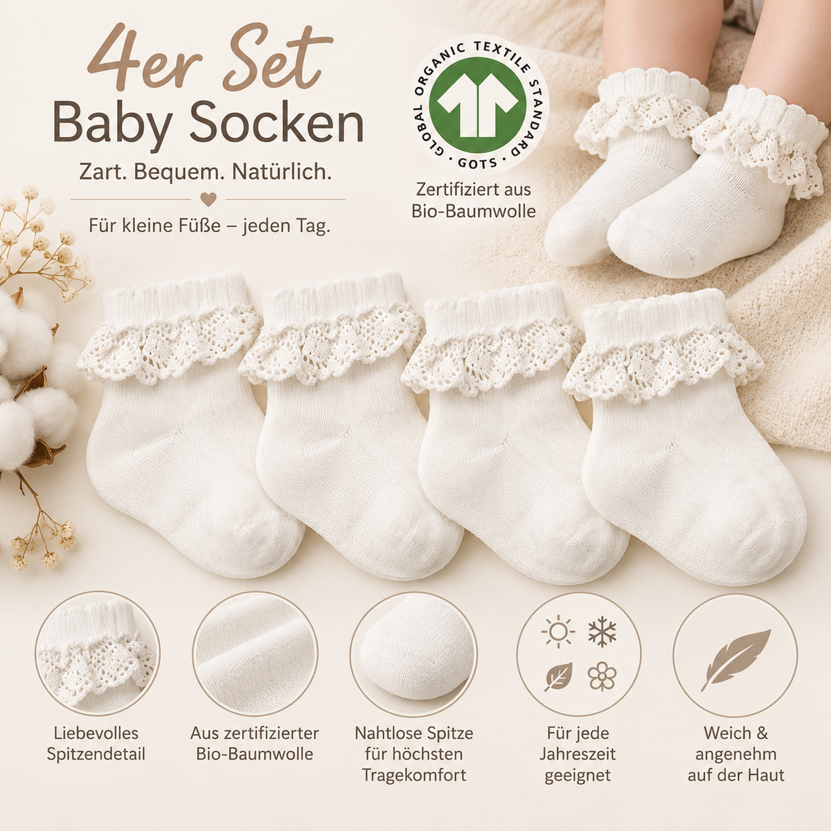 Baby Socken mit Spitze | Bio-Baumwolle | Nahtlose Zehen |4er Pack