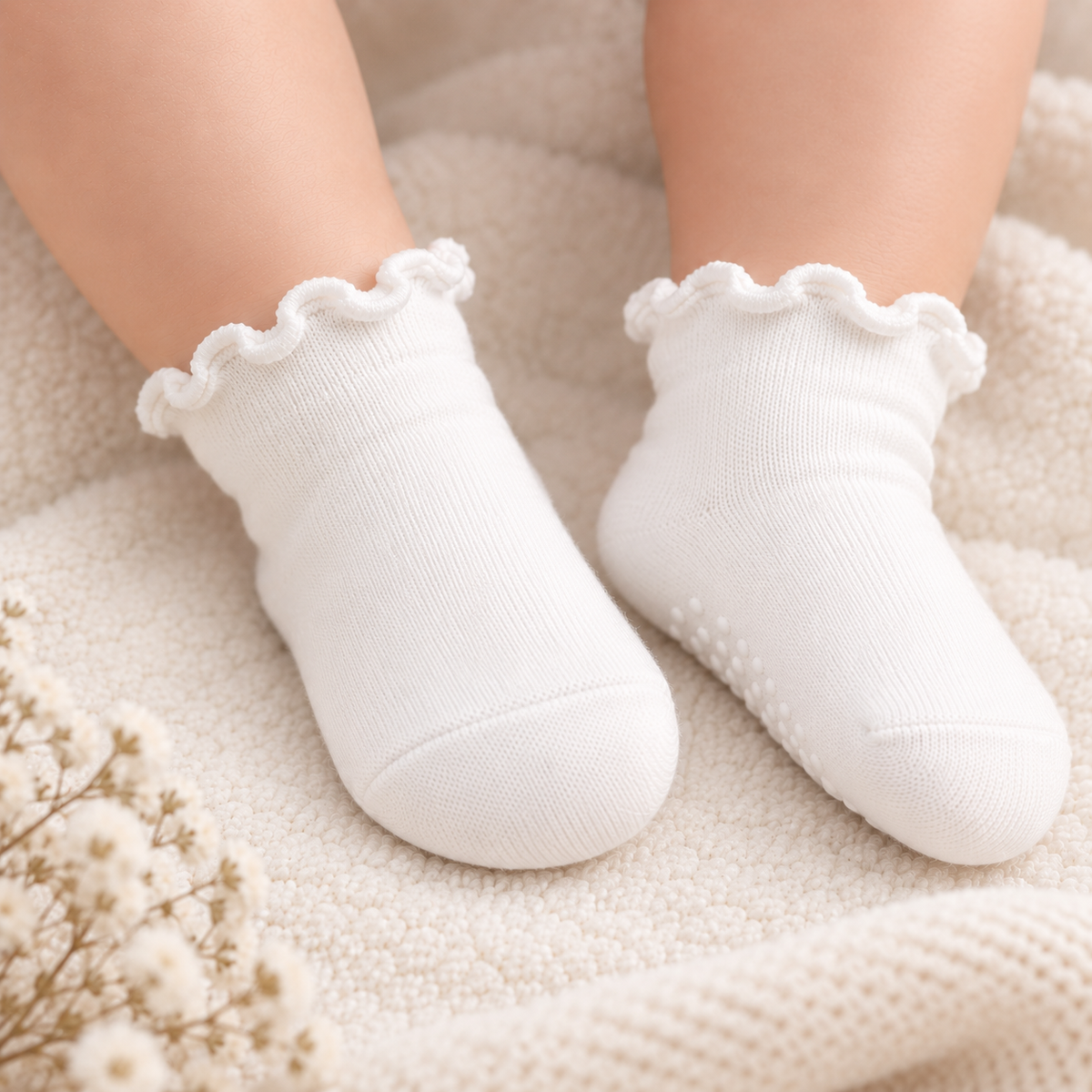 Baby Socken mit Rüschenbündchen | Bio-Baumwolle | Nahtlose Zehen |4er Pack