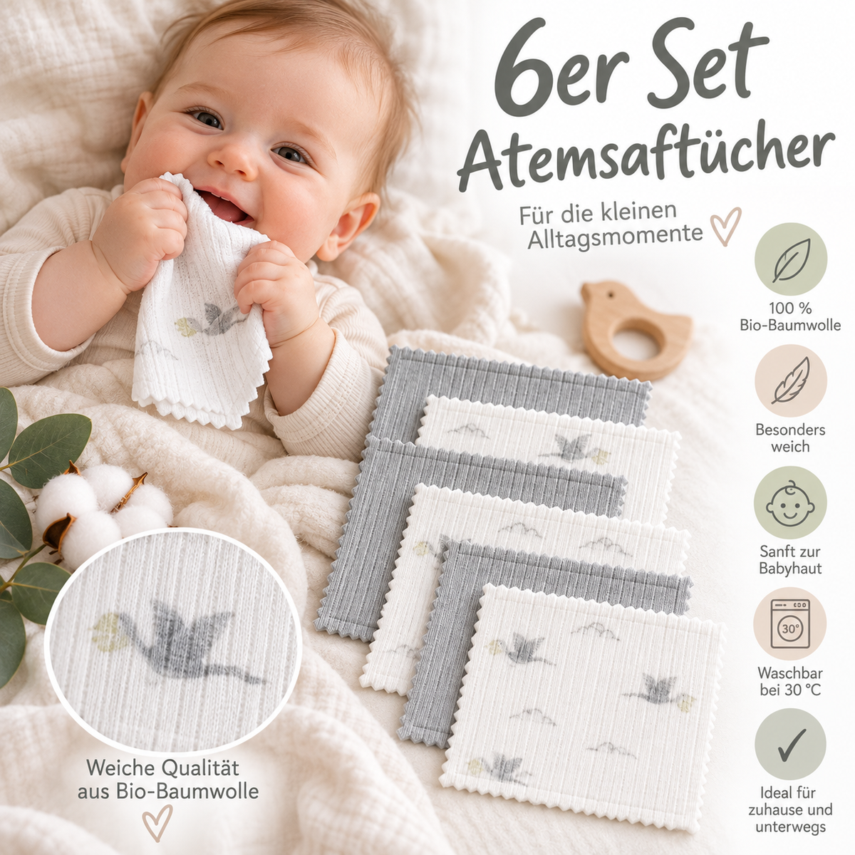 Baby Spucktücher 6er Set | 20 x 20 cm | 100 % Bio-Baumwolle | mit kleinen Motiven